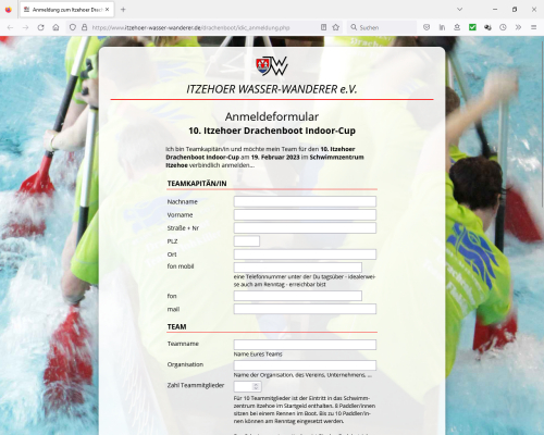 Anmeldeformular zur Online-Anmeldung zum Itzehoer Drachenboot Indoor-Cup